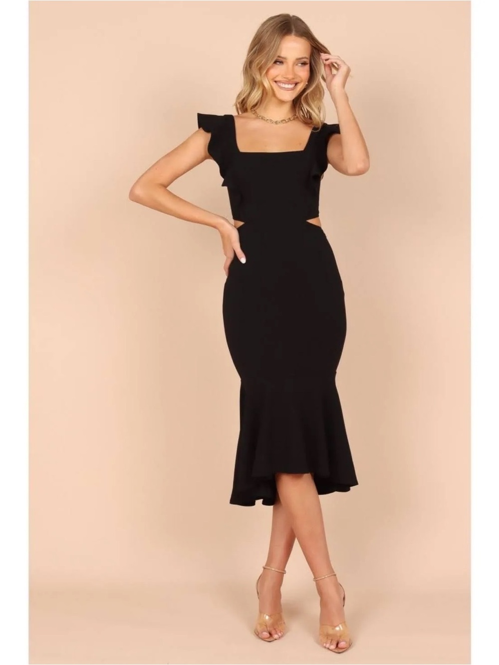 NWOT Petal and Pup Yvonne Dress Square Neck Black Ruffle Midi Cutouts Size 4